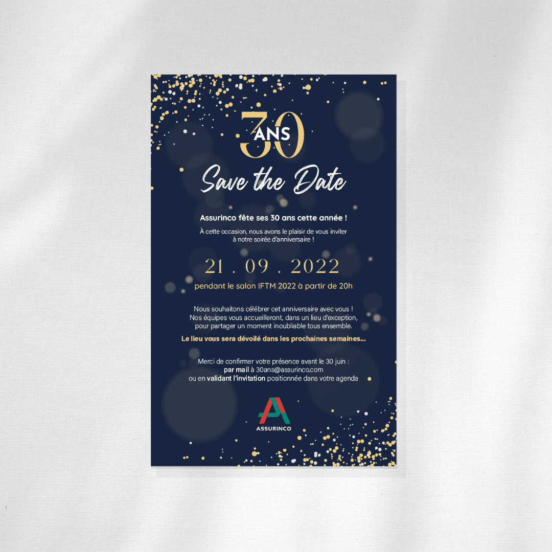 Invitation Save the Date bleu nuit pour les 30 ans d'Assurinco