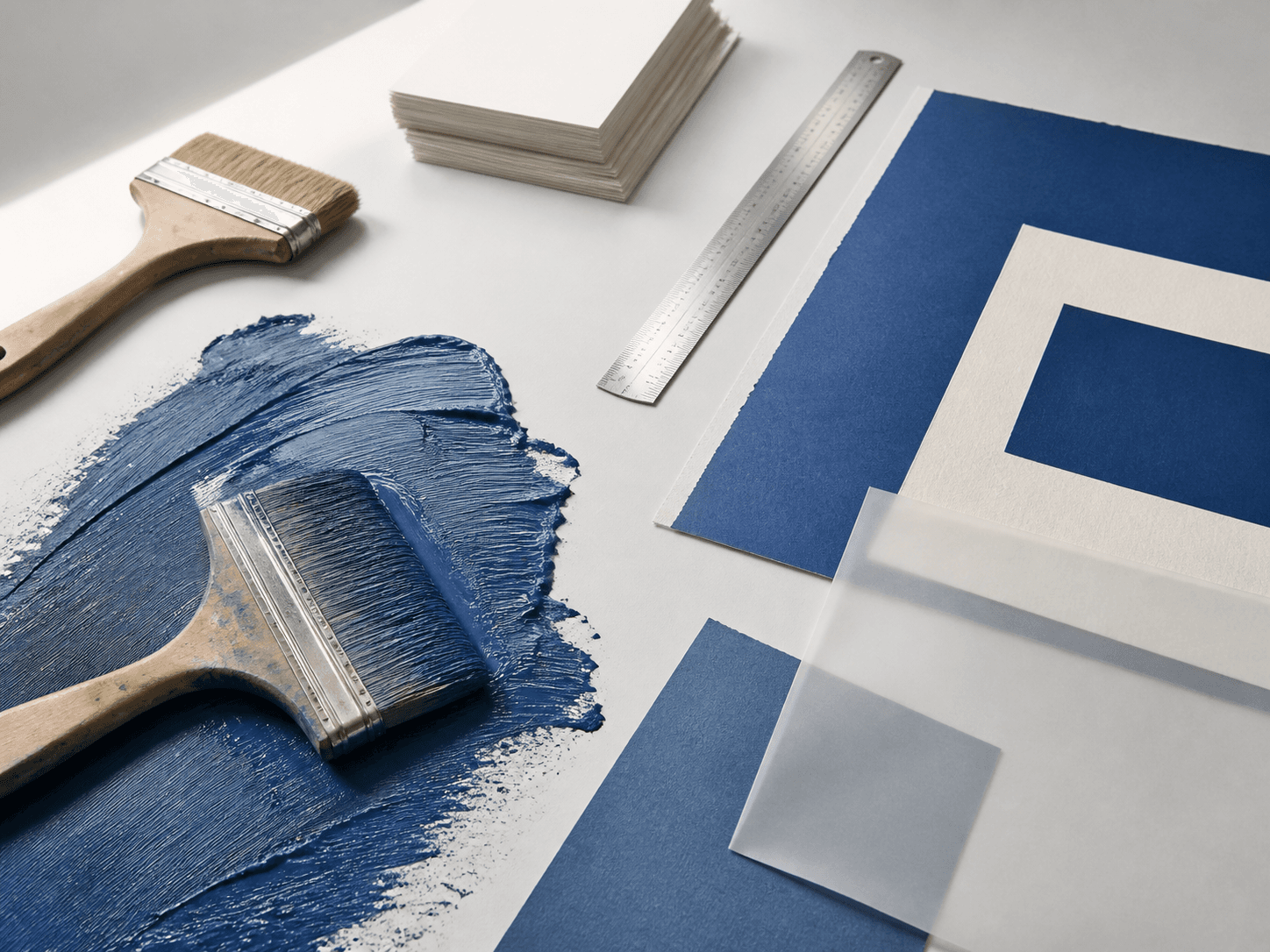 Pinceaux, peinture bleue et épreuves graphiques